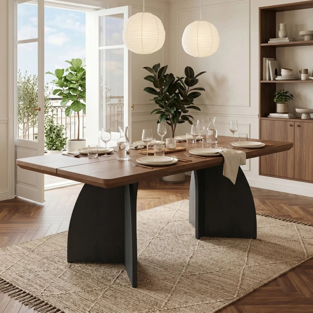 Table en bois rectangulaire sur pieds ouverts