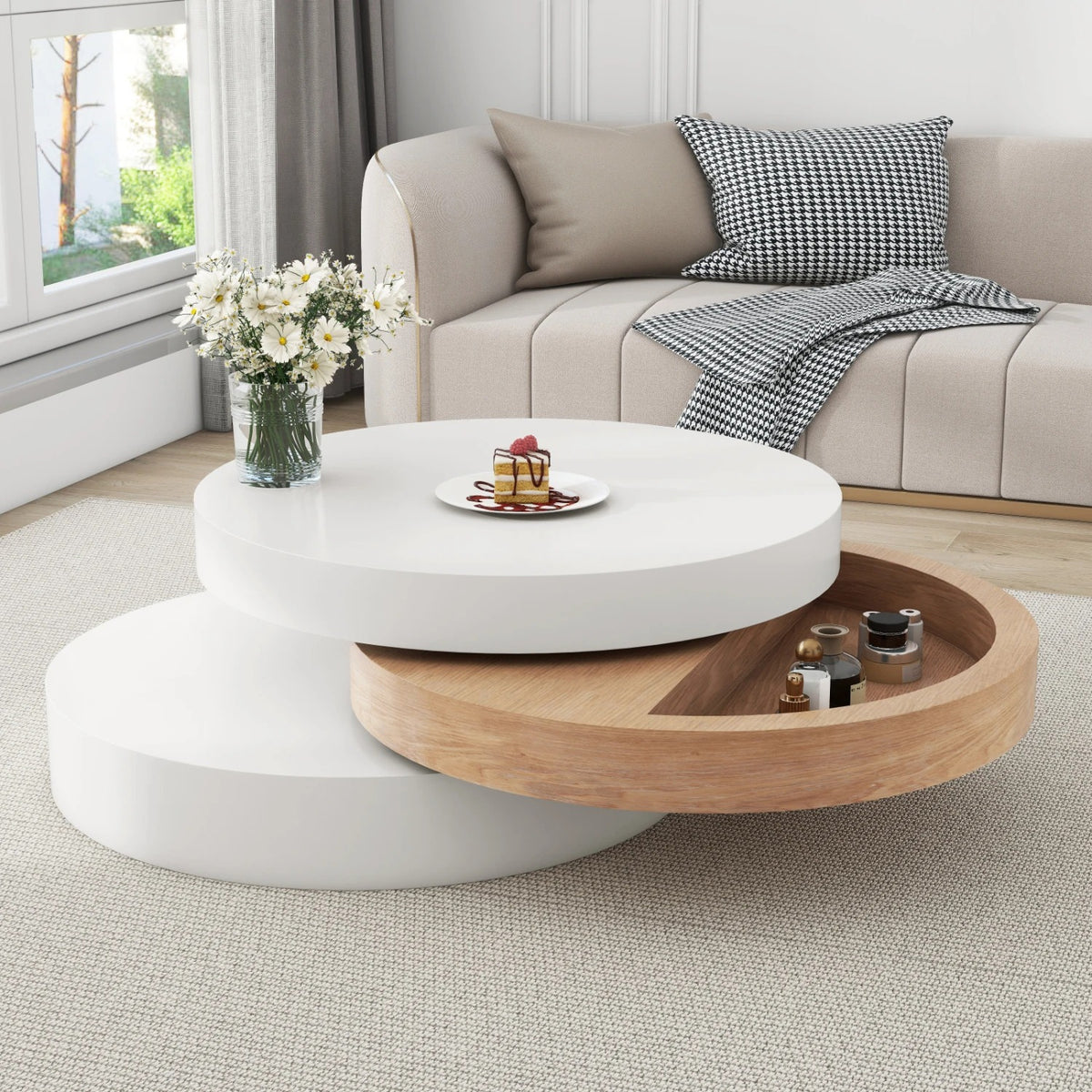 Table basse en bois ronde rotative