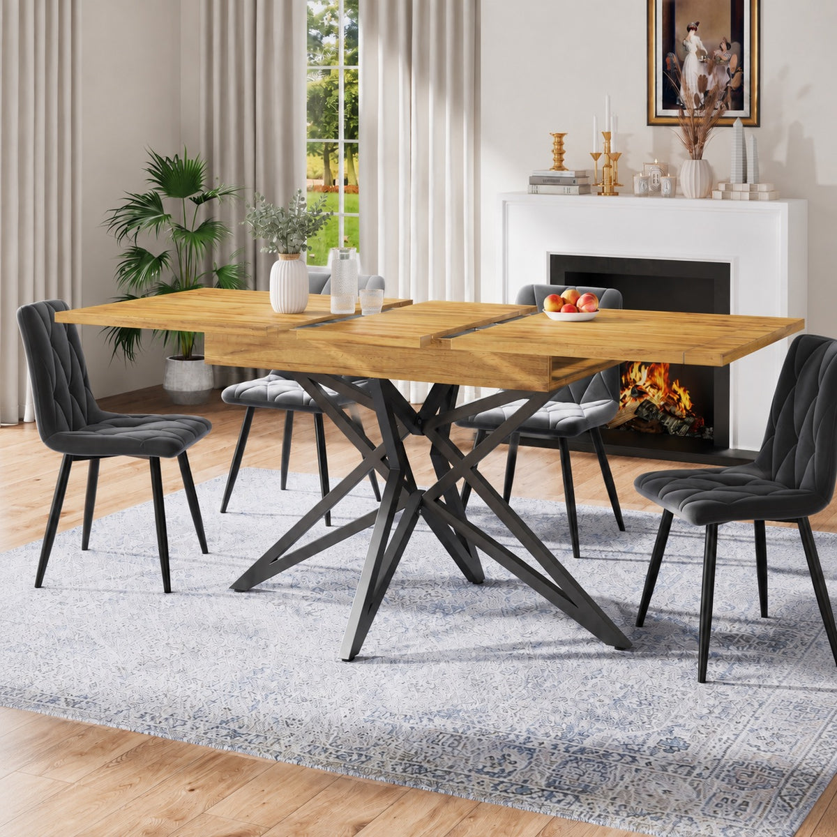 Table en bois rectangulaire sur pieds métalliques croisés