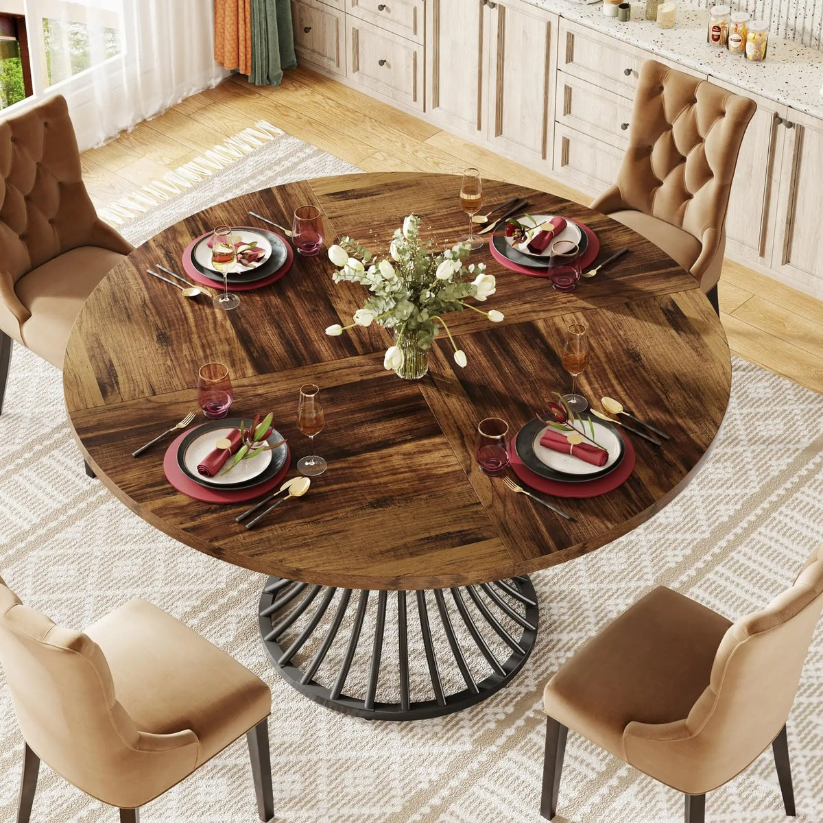 Table en bois ronde sur pied métallique