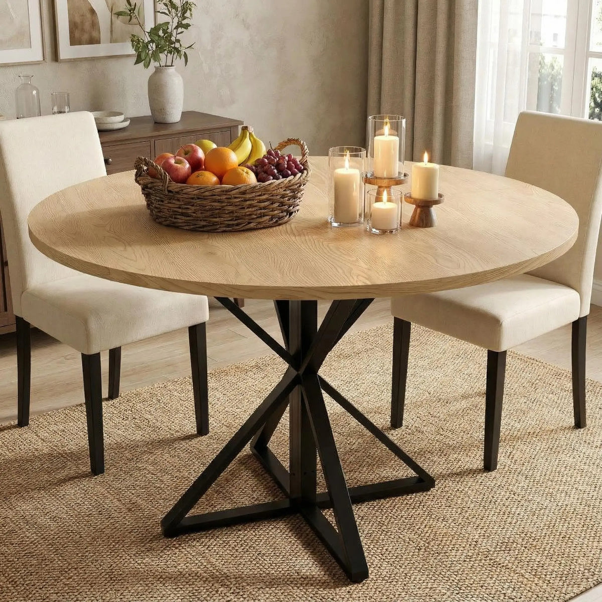 Table en bois ronde sur pieds croisés