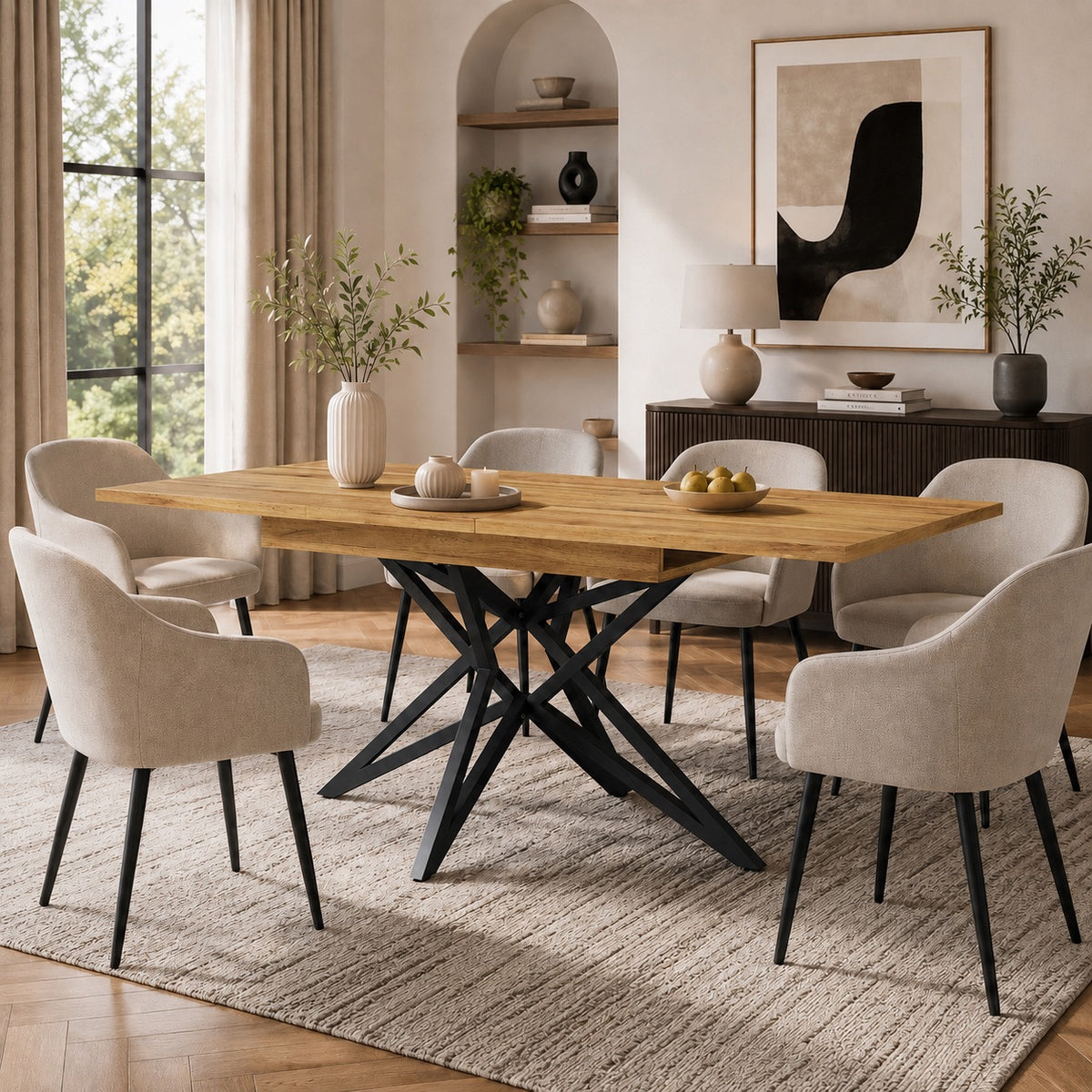 Table en bois rectangulaire sur pieds métalliques croisés