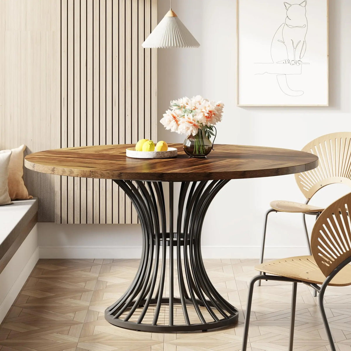 Table en bois ronde sur pied métallique
