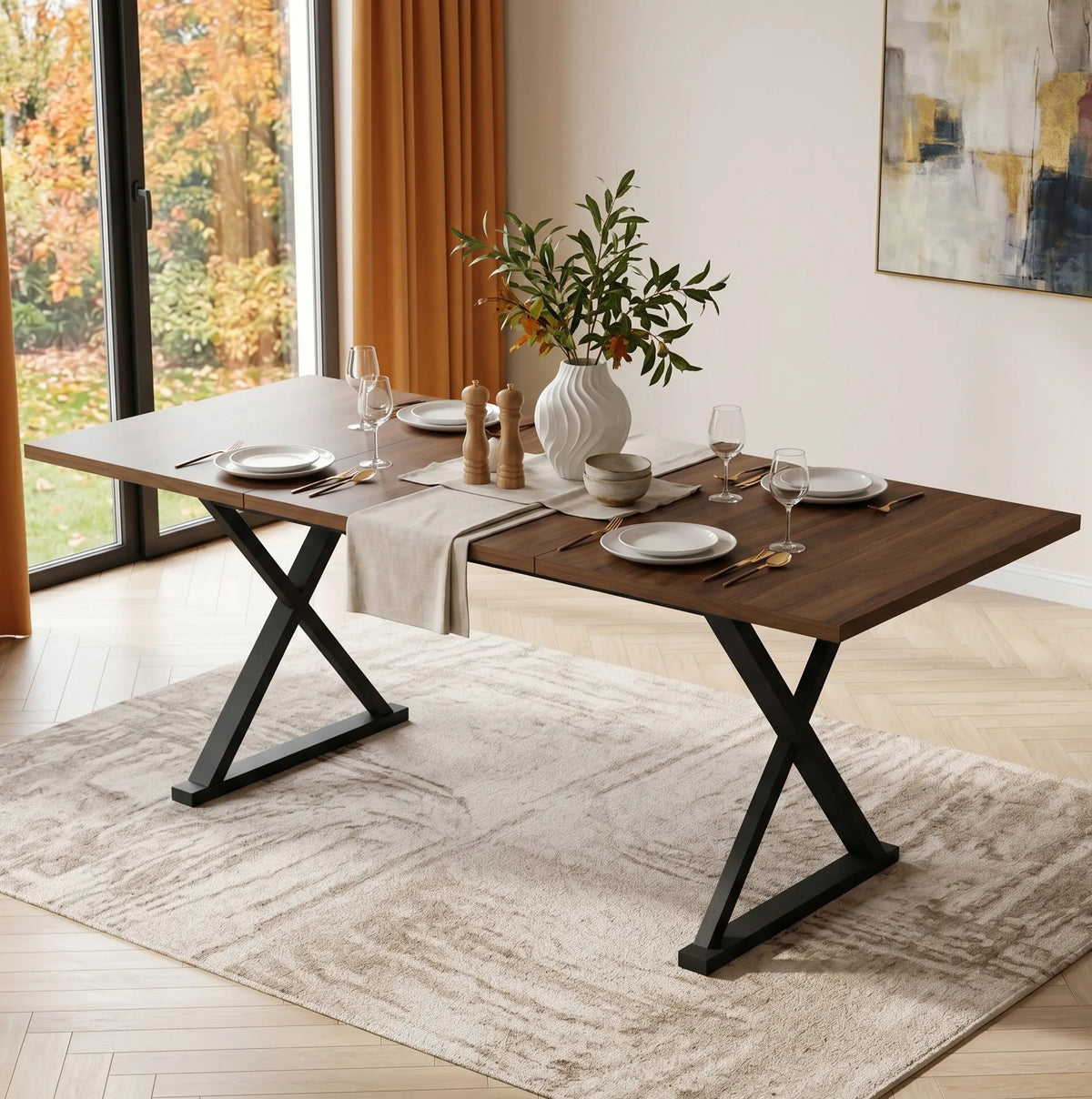 Table en bois rectangulaire sur pieds en X métalliques