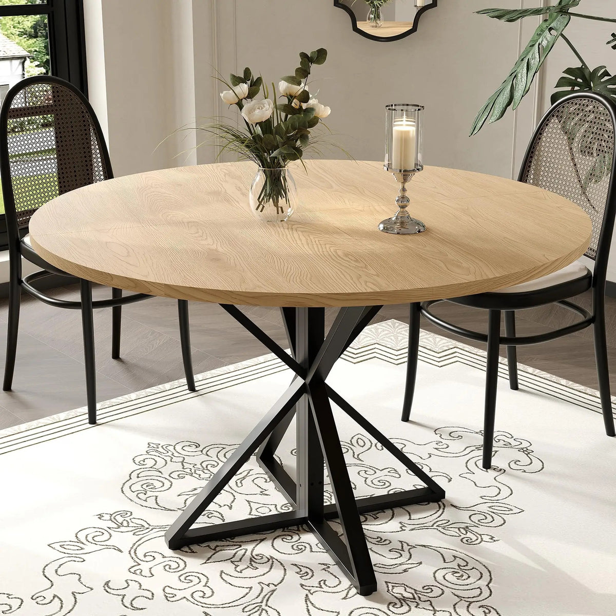 Table en bois ronde sur pieds croisés