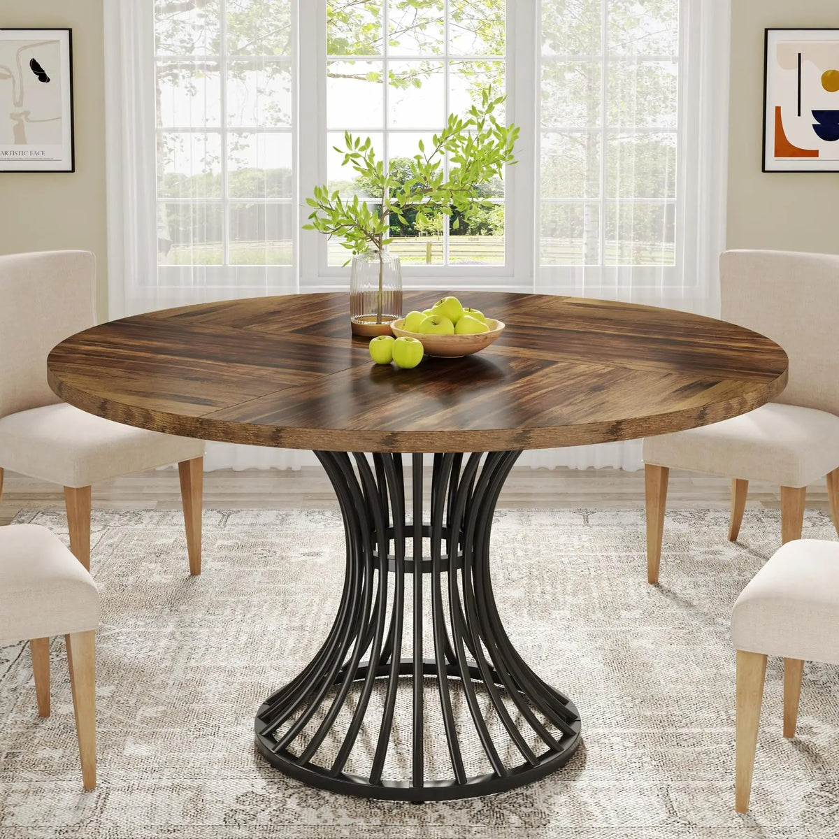 Table en bois ronde sur pied métallique