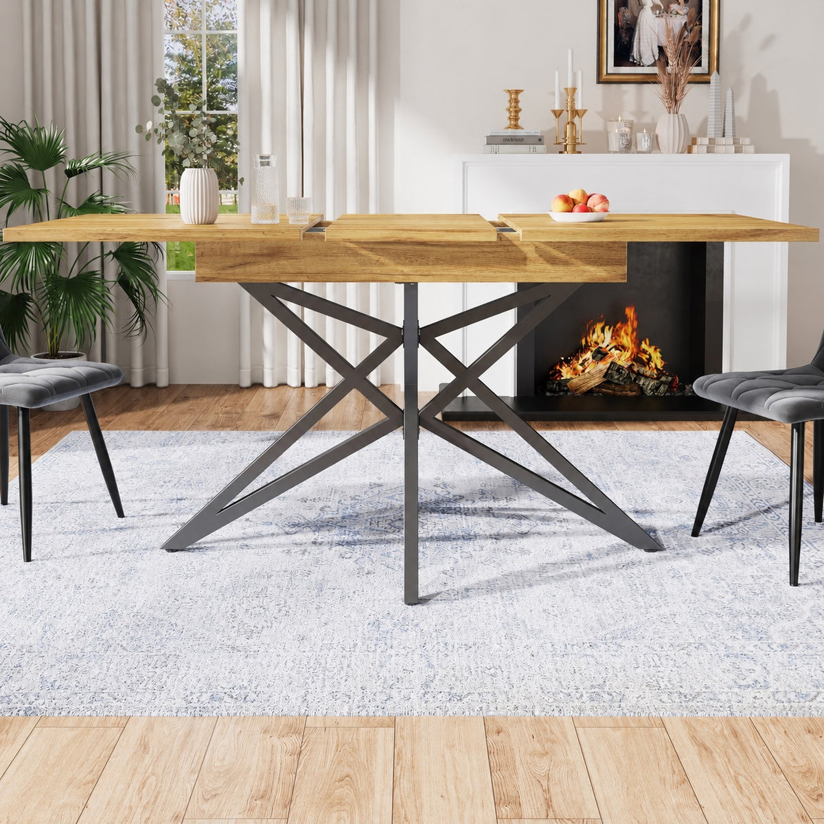 Table en bois rectangulaire sur pieds métalliques croisés