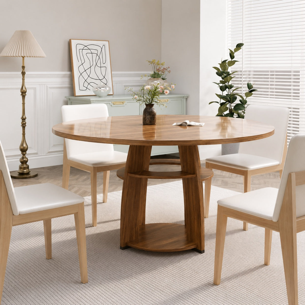 Table en bois ronde avec étagères