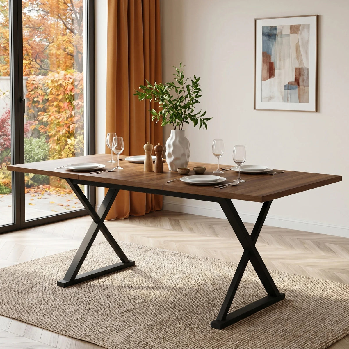Table en bois rectangulaire sur pieds en X métalliques