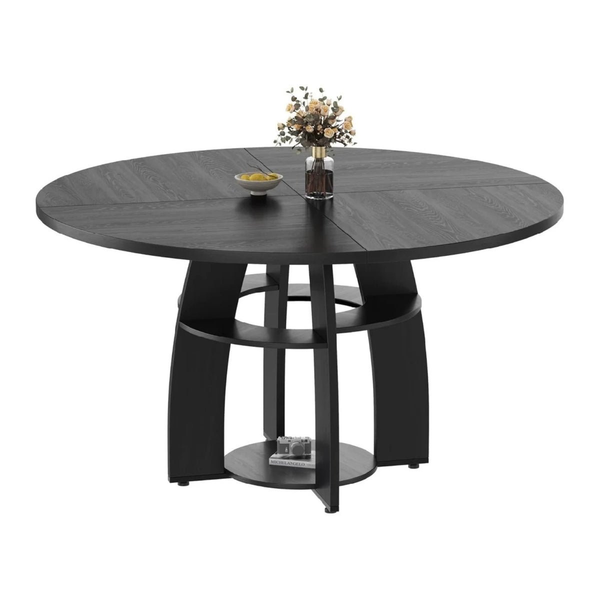 Table en bois ronde avec étagères