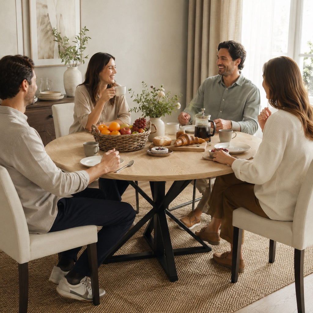 Table en bois ronde sur pieds croisés
