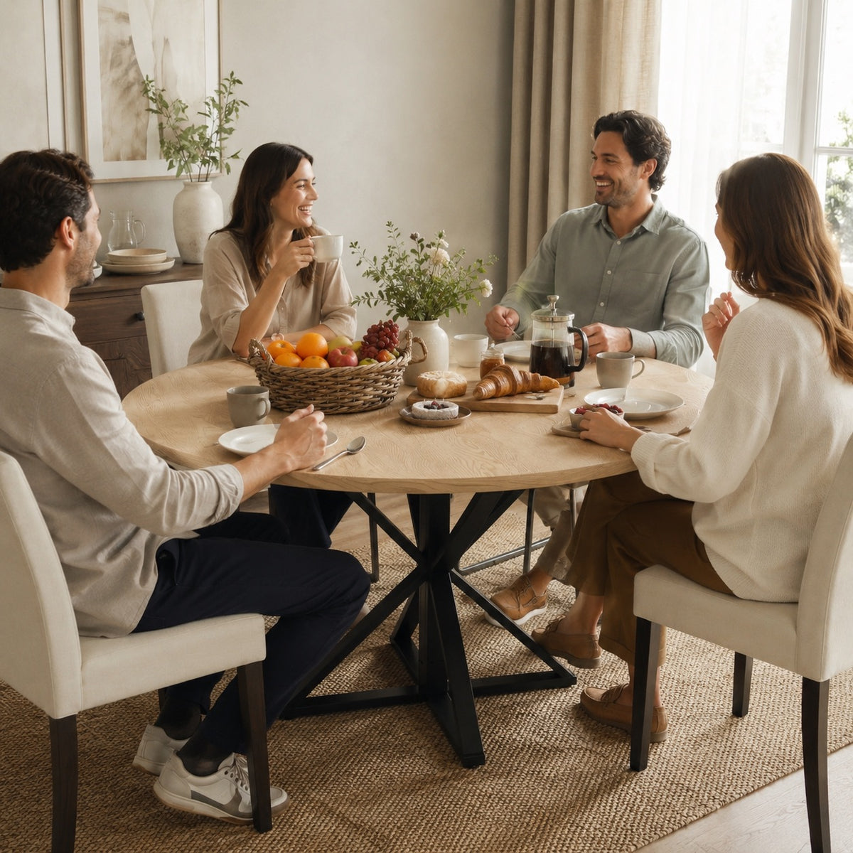 Table en bois ronde sur pieds croisés
