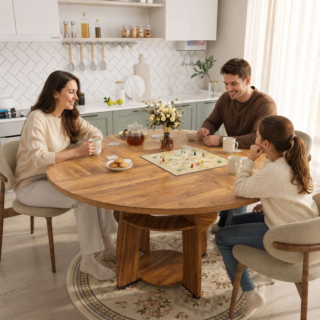 Table en bois ronde avec étagères
