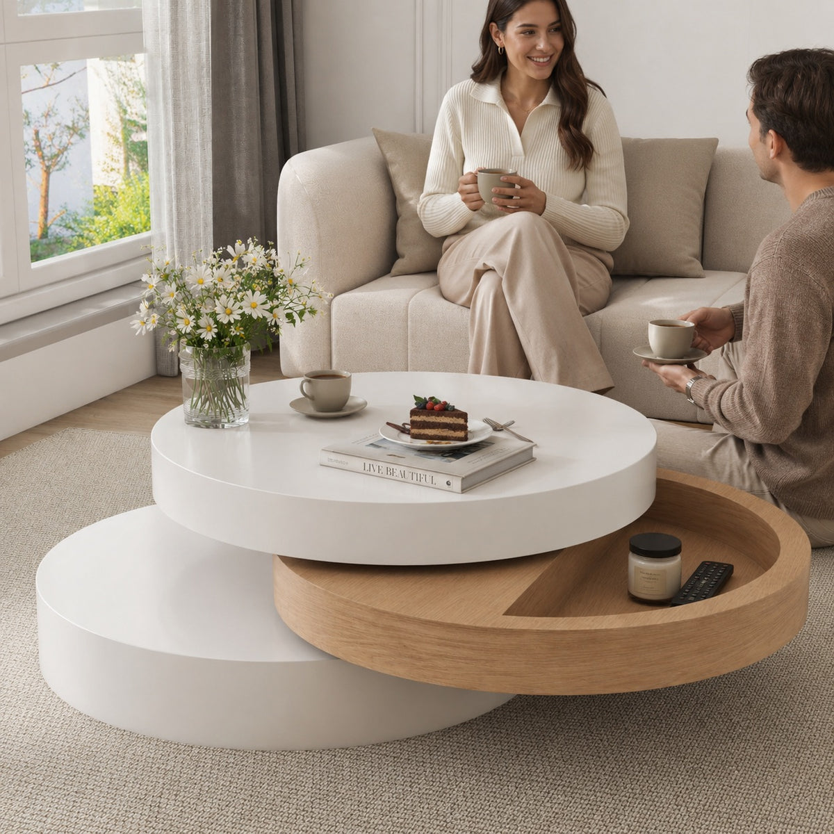 Table basse en bois ronde rotative