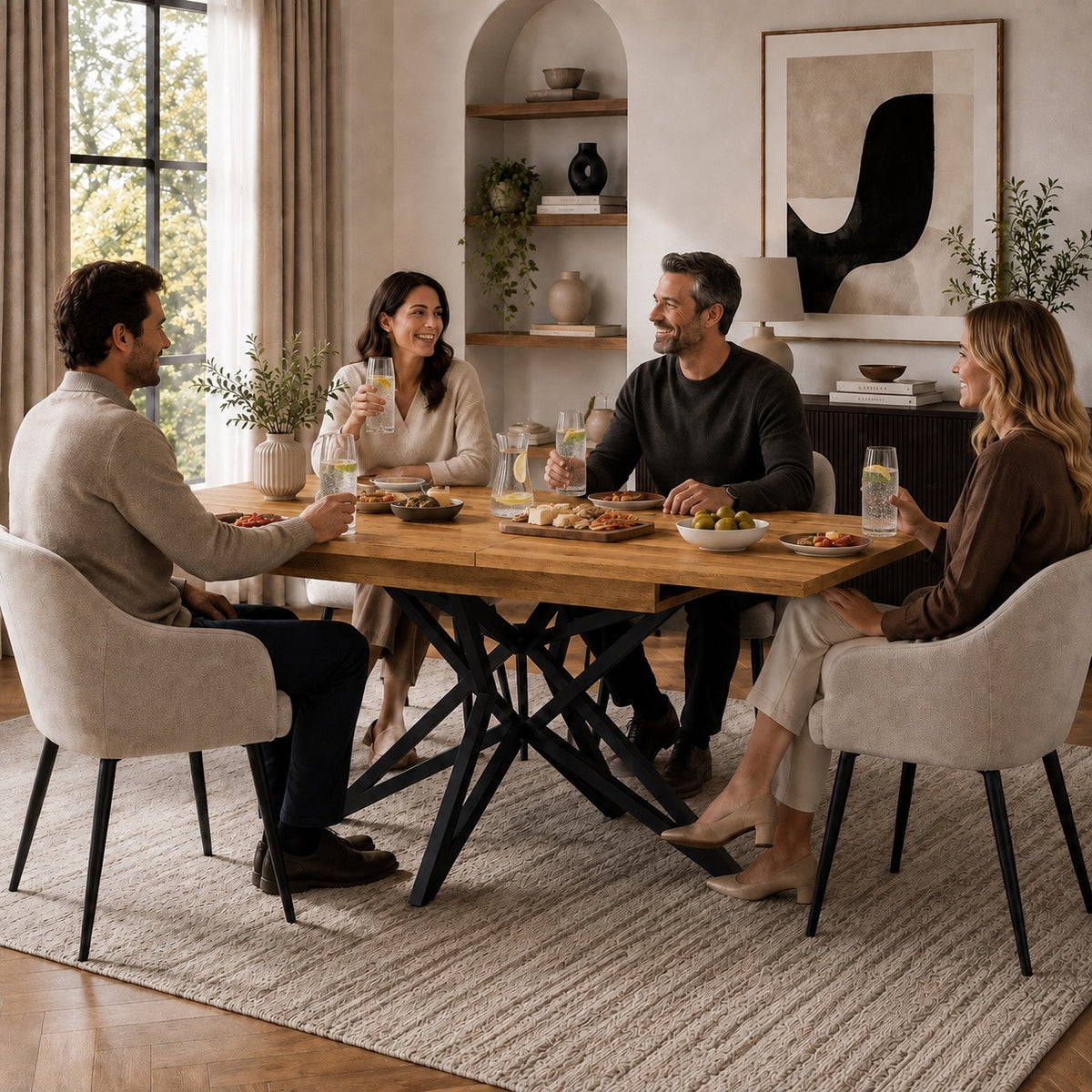 Table en bois rectangulaire sur pieds métalliques croisés